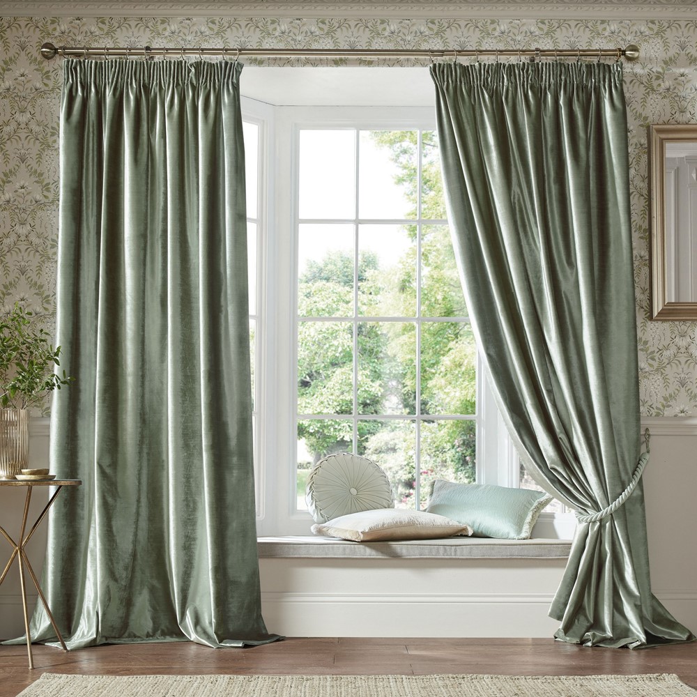 Loretta Velvet Header Tape Lined Curtains by Laura Ashley in Sage Green